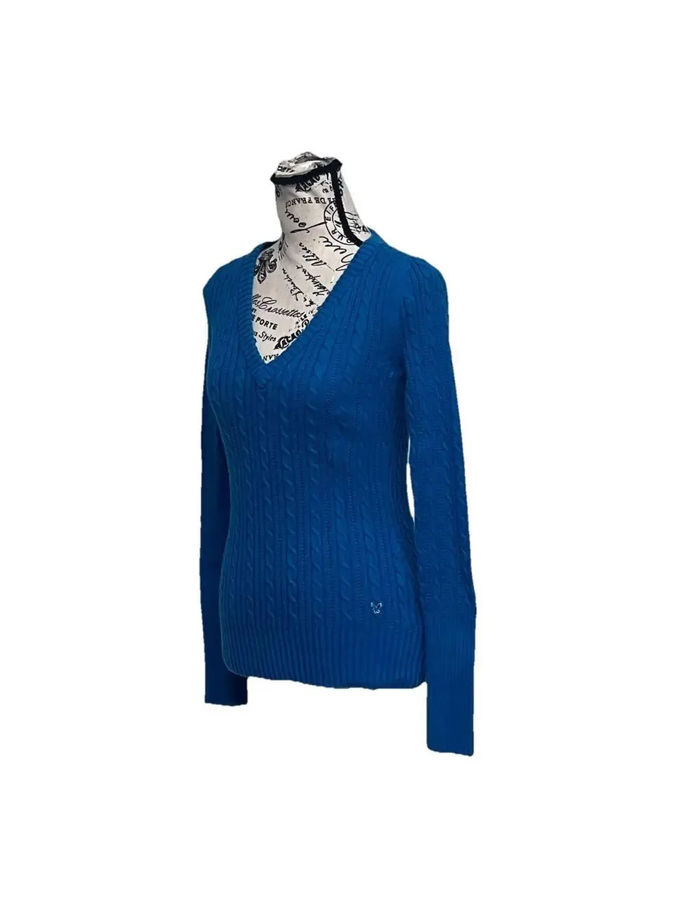 American Eagle Blue Cable Knit Sweater Women’s XS V Neck Fisherman Y2K Preppy